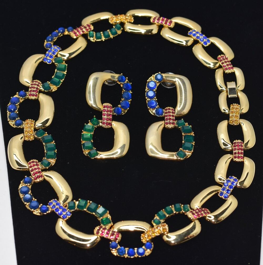 SCASSI Runway Haute Couture Rhinestone Gold Link Statement Necklace+Earring Set